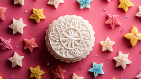 A beautifully designed cake sits centered among vibrant star-shaped confections. This delightful arrangement on a pink background creates a joyful atmosphere, perfect for any celebration.の素材