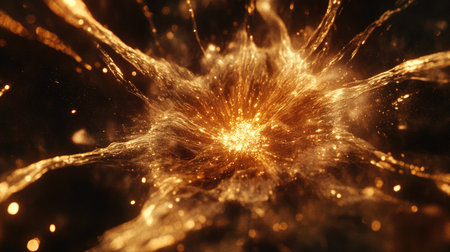 An enchanting abstract image depicting a vibrant explosion of golden light rays and sparkling particles, perfect for creative and futuristic themes.の素材