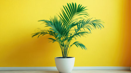 A vibrant, lush green plant in a sleek white pot stands against a bright yellow wall, creating a cheerful and inviting atmosphere perfect for modern interiors.の素材