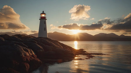 A captivating sunset scene featuring a lighthouse standing tall by the ocean. The tranquil water mirrors the vibrant sky, creating a serene atmosphere.の素材