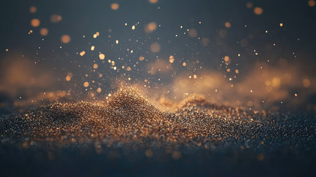 This stunning image showcases sparkling particles of dust gently resting on a dark surface, illuminated by a soft, warm light, creating a serene and magical atmosphere.の素材