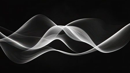 This image showcases elegant flowing waves of light against a dark background, creating an ethereal and dynamic visual effect. Perfect for creative projects.の素材