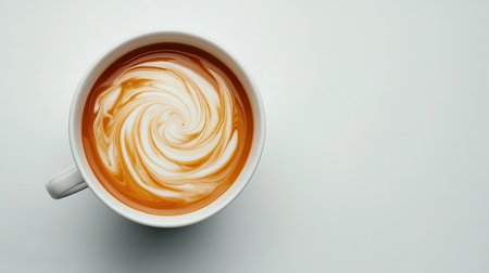 A top view of a white cup filled with swirling creamy coffee on a light background, displaying intricate latte art. A perfect depiction of relaxation and indulgence.の素材