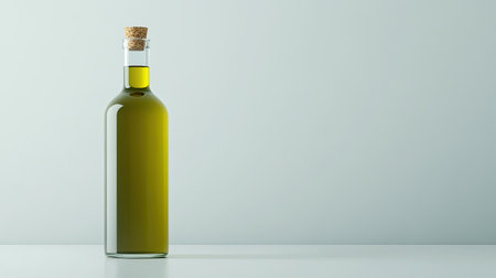 A beautiful glass bottle filled with yellow oil, featuring a natural cork stopper. This minimalist setup highlights the elegance of cooking ingredients in a modern kitchen.の素材