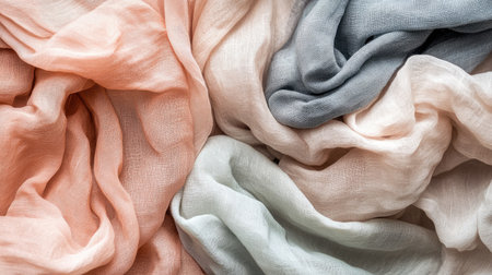 Close-up view of softly draped fabrics in pastel colors showcasing their delicate textures and layers, ideal for fashion and interior design themes.の素材