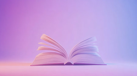 A captivating open book with gracefully turned pages illuminated by soft pink and purple lighting, creating a serene atmosphere ideal for education and creativity.の素材