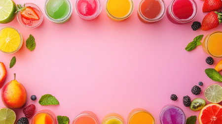 A vibrant arrangement of refreshing drinks surrounded by assorted fruits and mint leaves. Perfect for summer gatherings, parties, or healthy recipes.の素材