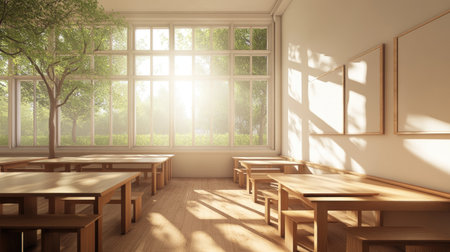 A bright and serene classroom featuring large windows that let in natural light, wooden furniture, and a tree. Ideal for a peaceful learning environment.の素材