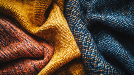 A close-up view of vibrant textured fabrics showcasing warm yellow, orange, and cool blue tones. Perfect for design, fashion, or aesthetic projects.の素材