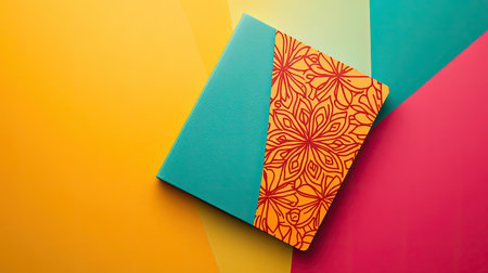 A vibrant notebook design featuring a decorative cover, set against a colorful backdrop. Perfect for showcasing creativity and inspiration in stationery.の素材