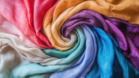 A stunning composition of colorful silk fabric swirling in elegant patterns. The vibrant shades create a beautiful visual display perfect for textile art and design inspiration.の素材