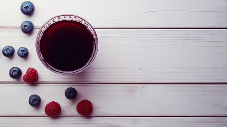 A delightful scene featuring a glass of juice surrounded by fresh blueberries and raspberries on a rustic wooden table, perfect for a healthy lifestyle.の素材
