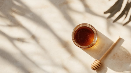A serene composition featuring a glass jar of honey and a wooden dipper on a textured surface. The interplay of light and shadow adds warmth and elegance, perfect for food photography.の素材