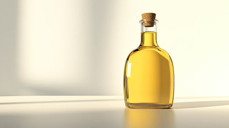 A stylish glass bottle filled with golden cooking oil, featuring a cork stopper. Perfect for showcasing culinary ingredients in minimalist kitchen designs.の素材