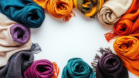 A stunning display of colorful scarves arranged in a circular pattern on a white background, showcasing vibrant hues and soft textures ideal for winter styling.の素材