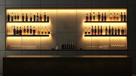 A stylish bar shelving display featuring illuminated liquor bottles against a dark background. This modern design creates an inviting ambiance for social gatherings.の素材