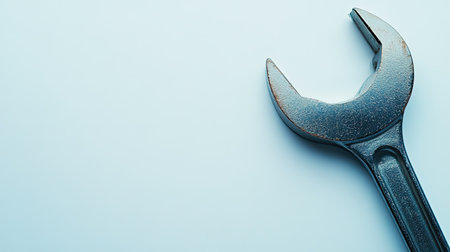 A close-up image of a metal adjustable wrench resting on a light blue background. This versatile tool is essential for various repair and maintenance tasks.の素材
