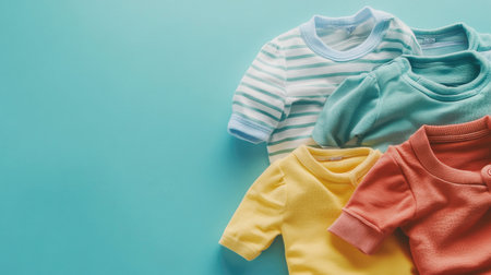 A collection of adorable baby shirts displayed in soft pastel colors on a turquoise background, perfect for a spring wardrobe refresh for toddlers.の素材