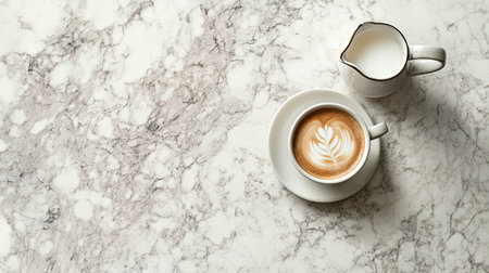 A cozy coffee cup featuring beautiful latte art alongside a small creamer on a stylish marble surface, perfect for a warm beverage experience.の素材