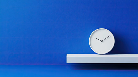 A contemporary white clock on a sleek shelf against a vibrant blue background, ideal for showcasing modern design and minimalist decor in home or office settings.の素材