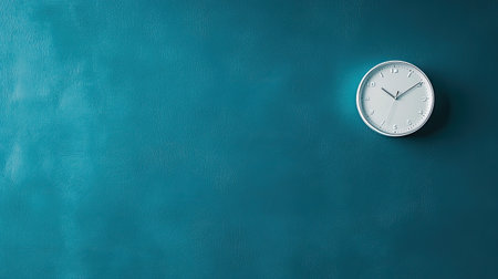 A simple wall clock with a round face mounted on a teal textured background, perfect for minimalistic design approaches in home or office decor.の素材