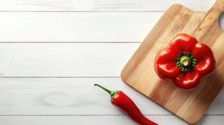 A vibrant red bell pepper and a chili pepper rest on a wooden cutting board, showcasing fresh vegetables ideal for cooking and healthy meals. Perfect for culinary inspiration.の素材
