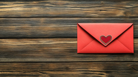 A vibrant red envelope featuring a heart-shaped seal rests on a rustic wooden surface, symbolizing love and affection. Perfect for romantic occasions.の素材