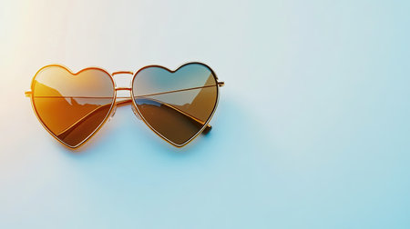 These heart-shaped sunglasses sit on a soft blue background, capturing warmth and style. Ideal for summer themes, fashion blog features, or lifestyle concepts.の素材