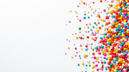A vivid collection of assorted candies and sprinkles scattered across a clean white background, ideal for showcasing sweetness and celebration themes.の素材