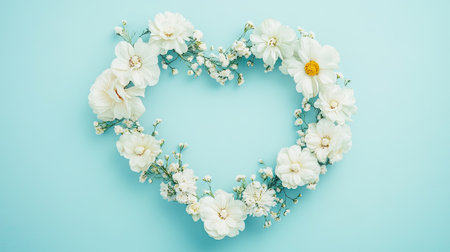 A beautiful heart-shaped arrangement of white flowers rests on a soft blue background, perfect for conveying love and celebration in any design project.の素材
