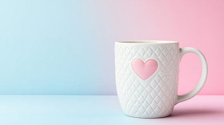 A charming white coffee mug featuring a pink heart design, set against a soft pastel background. Ideal for themes of love, comfort, and cozy moments.の素材