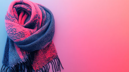A beautifully designed scarf with a geometric pattern rests stylishly against a vibrant gradient background, capturing warmth and comfort suitable for any fashion enthusiast.の素材