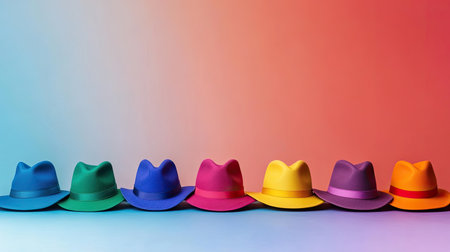 A vivid collection of hats arranged in a row against a gradient backdrop. This image captures the essence of colorful fashion and playful design.の素材