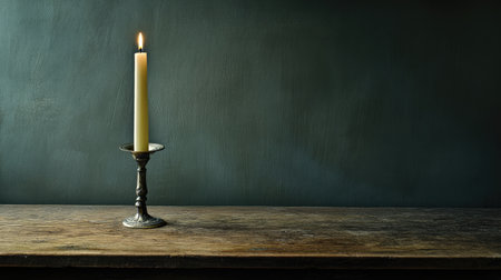 A beautiful single candle stands elegantly in a vintage holder on a rustic wooden table, casting a warm glow against a dark background, evoking a serene ambiance.の素材