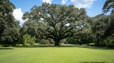 A stunning oak tree stands proudly in a vibrant green field, showcasing the beauty of nature under a clear blue sky. The scene evokes tranquility and harmony.の素材