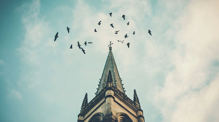 A majestic church tower pierces the sky, surrounded by a flock of birds in flight. This serene scene captures the beauty of architecture and nature.の素材