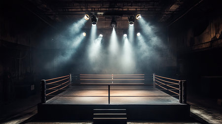An empty boxing ring illuminated by dramatic spotlights and surrounded by smoke, creating an intense atmosphere in a dark, industrial setting perfect for sports-related themes.の素材
