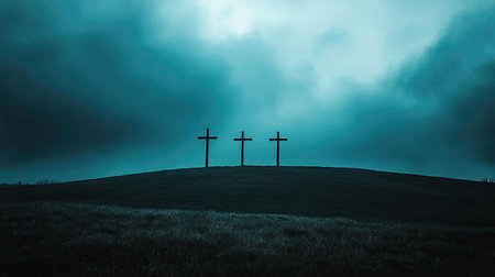 Three silhouetted crosses stand on a hill, surrounded by a moody sky. This image evokes feelings of solitude, spirituality, and contemplation at dusk.の素材