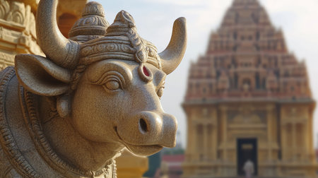 A beautifully crafted stone bull statue stands prominently in focus, with a majestic ancient temple softly blurred in the background, showcasing rich cultural heritage.の素材