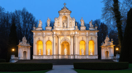Stunning illuminated architectural structure featuring classical statues under evening sky, showcasing exquisite design and tranquil ambiance in a garden setting.の素材