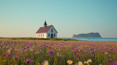 A picturesque church sits gracefully among vibrant wildflowers, with a stunning ocean view in the background. This serene landscape invites tranquility and exploration.の素材