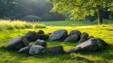 This image features a serene stone circle surrounded by vibrant greenery, embodying a tranquil outdoor landscape perfect for relaxation and nature lovers.の素材