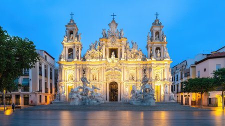 A stunning historic building illuminated at dawn, showcasing intricate sculptures and a grand facade. Perfect for travel and architecture themes.の素材