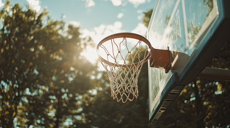 A basketball hoop captured in golden sunlight, framed by trees and a clear blue sky. This image conveys outdoor fun, sportsmanship, and an active lifestyle.の素材