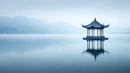 A tranquil view of a pagoda standing on still water, reflecting its beauty against misty mountains. This serene landscape evokes feelings of calm and peace.の素材