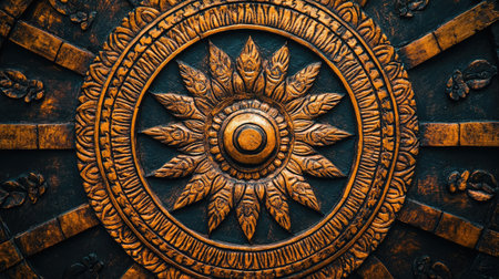 An intricately engraved sun motif in wood showcases exquisite craftsmanship against a dark background, perfect for artistic decor and cultural themes.の素材