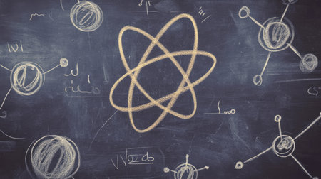 This image showcases an abstract atomic structure drawn on a chalkboard, highlighting key scientific concepts and elements of chemistry and physics.の素材