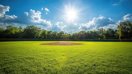 A serene baseball field bathed in sunlight on a bright summer day. The lush green grass and scattered clouds create a peaceful outdoor scene perfect for sports.の素材