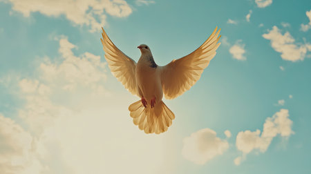 A stunning dove soars gracefully against a radiant blue sky, wings fully spread, embodying freedom and tranquility in nature. The sunlight enhances the scene.の素材
