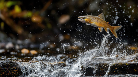 A stunning image of a brown trout leaping from a clear stream, showcasing its beauty and agility. Water splashes around the fish, capturing a moment in nature.の素材